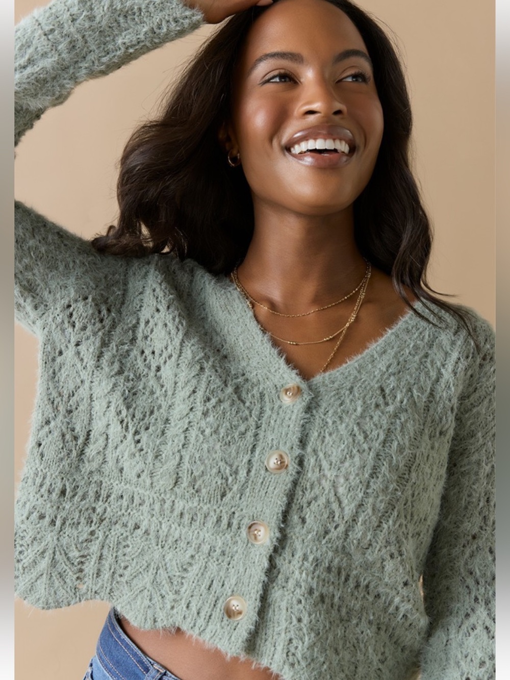 Francesca's Collections Sage Green Fuzzy V-Neck Cropped Button Cardigan Size S